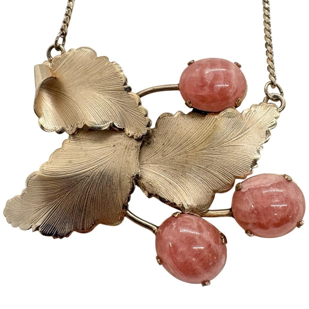 Vintage JJJ Gold-Filled Pink Rhodochrosite Gemstone Leaf‎ Necklace Mid Century